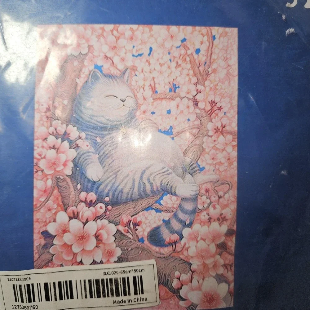 Cross Stitch Kit 11 Count Sleeping Cat Cherry Blossoms Framed Picture‎ 65x50cm